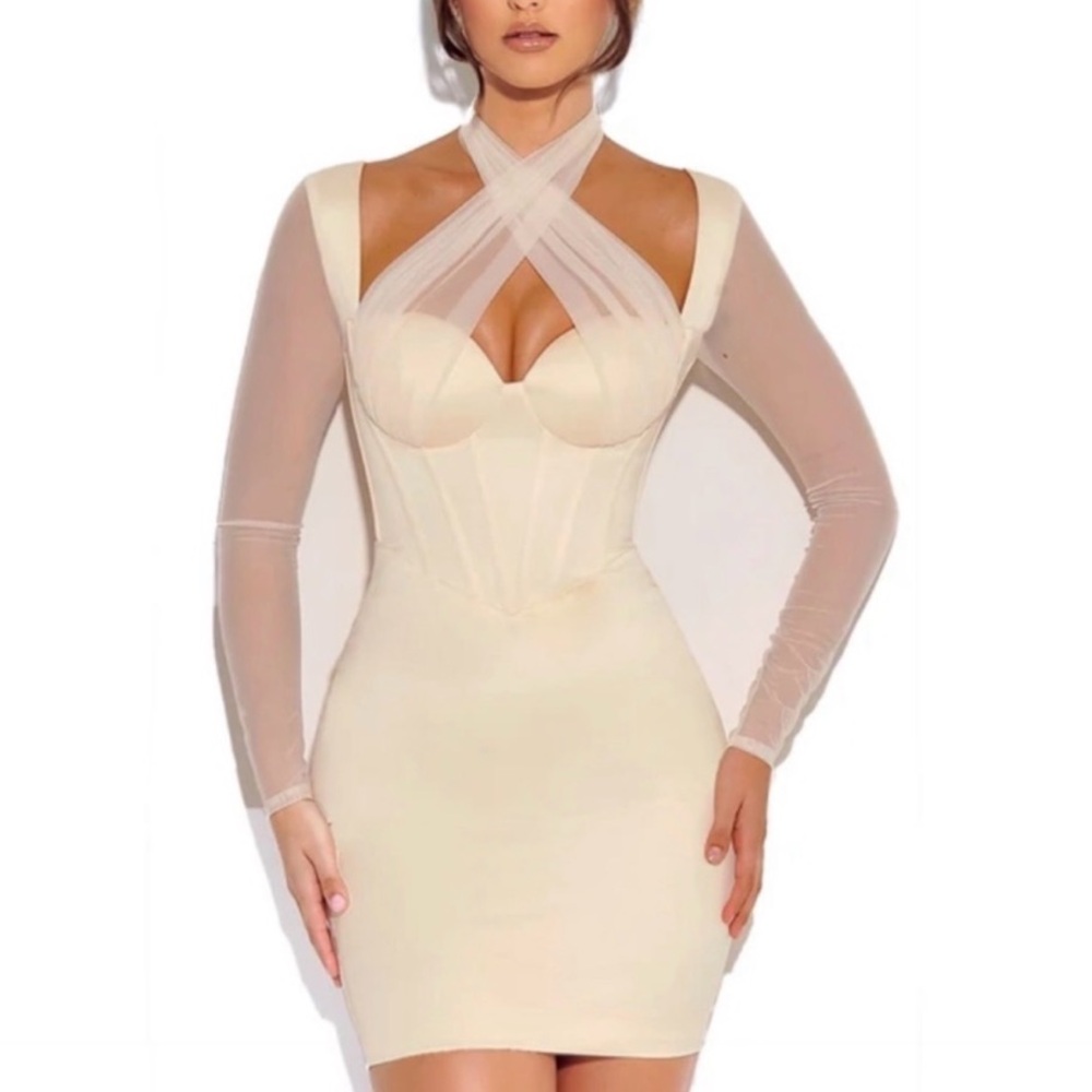 Miss Circle Jocelynn Beige Satin Mesh
Long Sleeve Corset Dress-Small